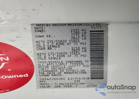 2022 Nissan Murano Platinum z USA, uszkodzony, nr VIN 5N1AZ2DS2NC109689